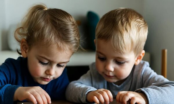 Two young children engaged in a playful activity of sorting coins on a table, capturing the innocence and joy of childhood as they share a moment of discovery.