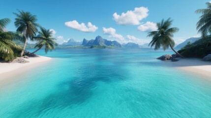 A serene tropical landscape featuring calm turquoise waters, palm trees, and distant mountains under a clear blue sky.