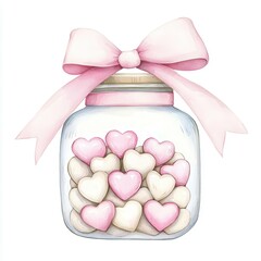 Glass Jar Filled with Pink and White Heart Candies Decorated with a Pink Bow