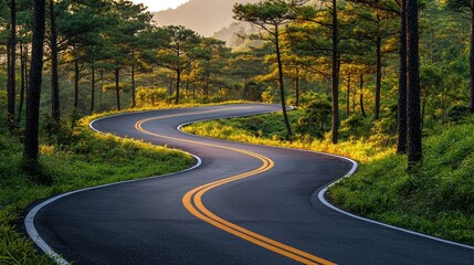 Fototapeta premium Winding road through sunlit pine forest. Travel brochure, website background