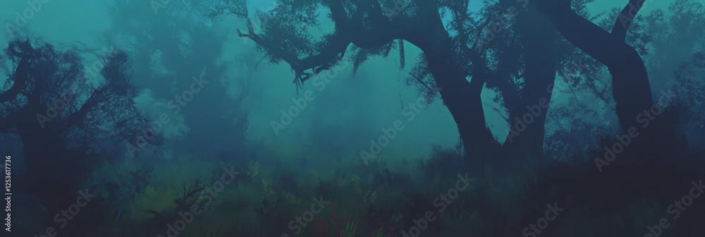 Aufkleber mysterious dark forest with twisted trees and thick fog creating an eerie atmosphere