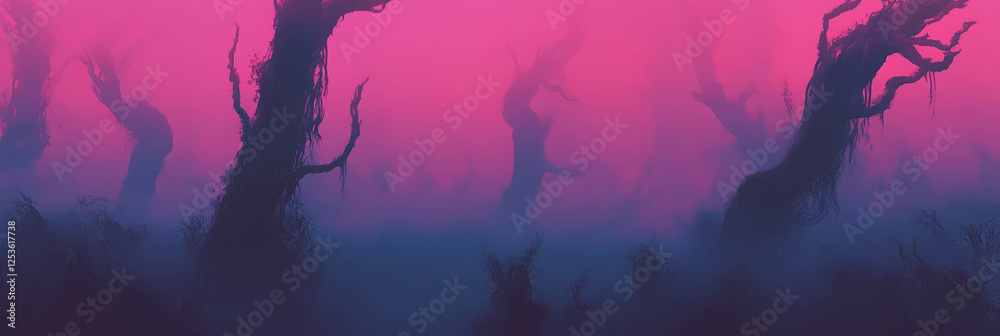 Poster Eerie dark forest filled with twisted trees shrouded in thick fog creating a mysterious atmosphere