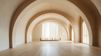 Sophisticated minimalist space with neutral furnishings, wooden flooring, arched wood panels, and natural lighting