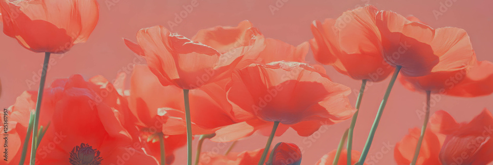 Poster Vibrant display of delicate red flowers in a serene setting under soft light