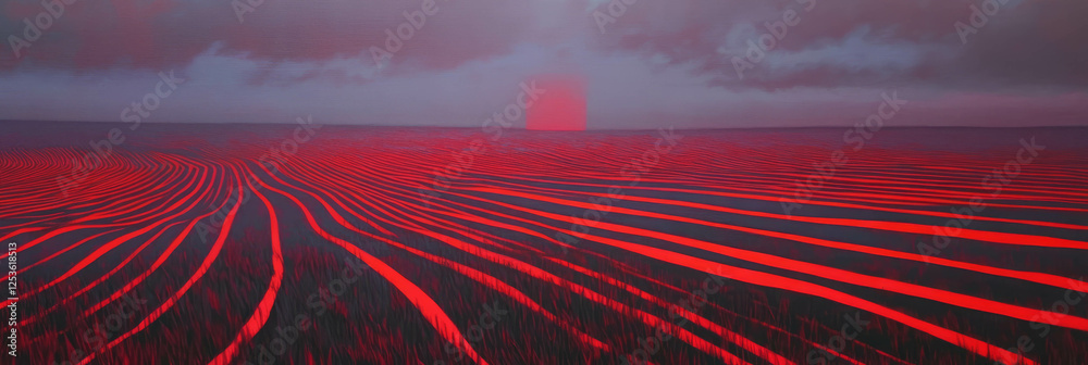 Aufkleber scarlet lines stretch across a tranquil landscape at dusk, creating a mesmerizing visual effect
