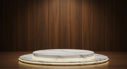 Obraz premium An elegant white marble podium with a blurred wooden panel background and LED light details for premium product shooting.