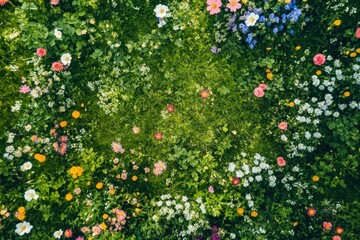 Vibrant Flower Meadow with a Variety of Colorful Blossoms Surrounded by Lush Green Grass
