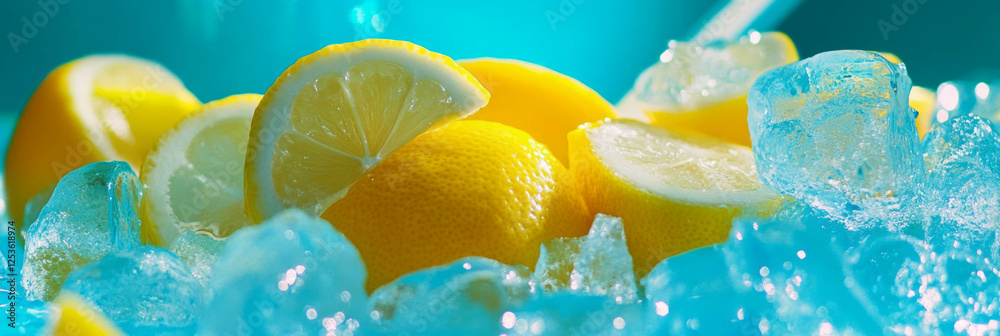 Poster Refreshing lemonade with ice and lemon slices perfect for summer enjoyment