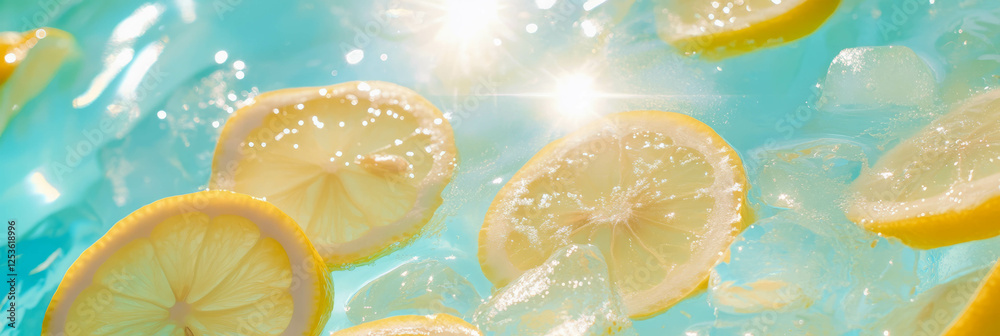 Poster refreshing lemonade with ice and lemon slices in a vibrant blue background
