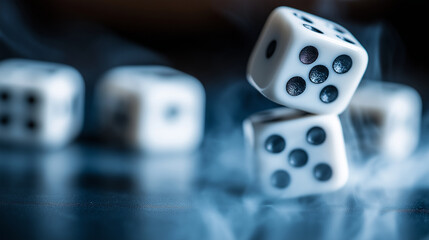 White dice tumbling across reflective surface, generating dramatic smoke effect, symbolizing gambling, probability, random chance dynamics with copy space