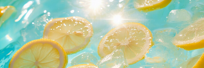 Refreshing lemonade with ice and lemon slices in a vibrant blue background