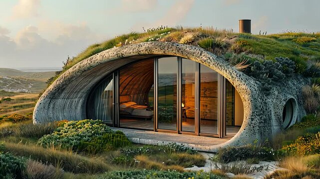 A modern, eco-friendly earth house with a green roof, blending seamlessly with the surrounding landscape and offering stunning views.