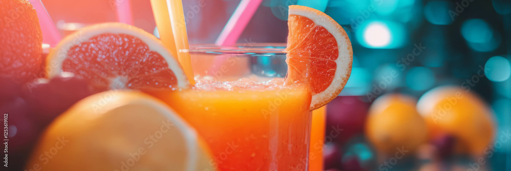 Poster Vibrant freshly squeezed juice with citrus slices in a refreshing setting