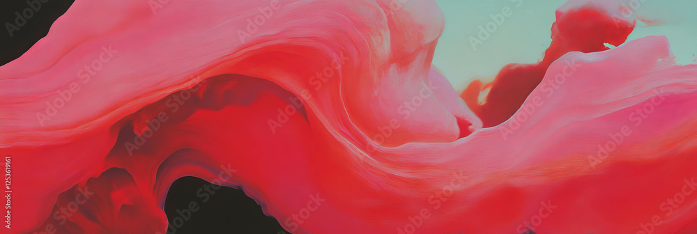 Poster crimson arcs swirl gently through a serene landscape of abstract textures and colors