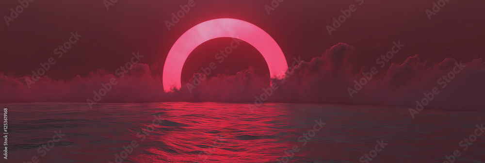 Poster gentle crimson arcs frame a tranquil water view during a serene twilight hour
