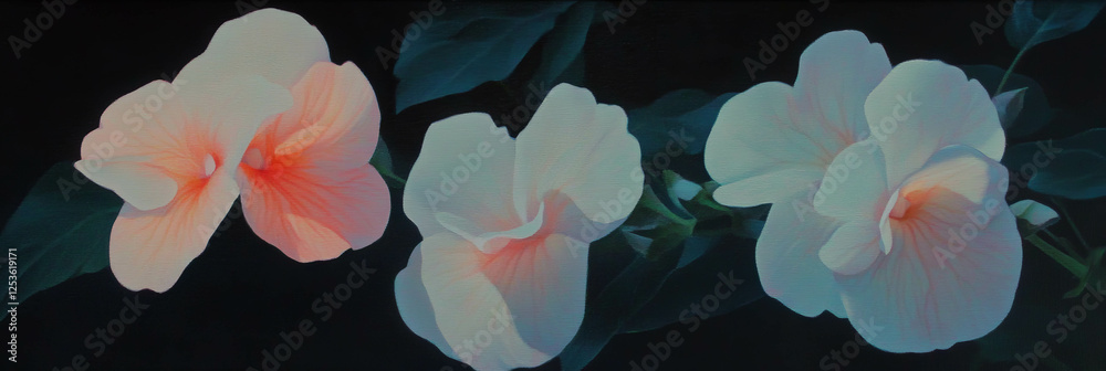 Poster soft gentle impatiens florets with delicate hues in serene setting
