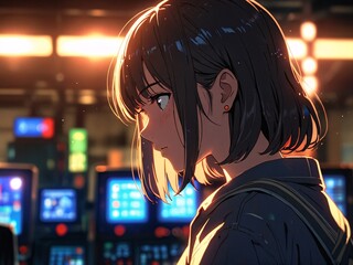 Fototapeta premium Anime Style Night Portrait of a Young Woman in a Technological Setting