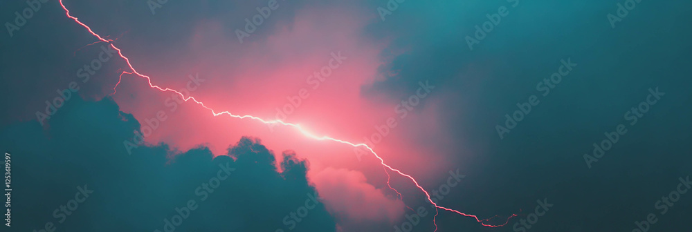 Poster Striking display of little red lightnings illuminating dark clouds at twilight