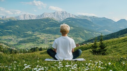 Naklejka premium Boy meditating mountain vista, peaceful alpine scene, healthy lifestyle