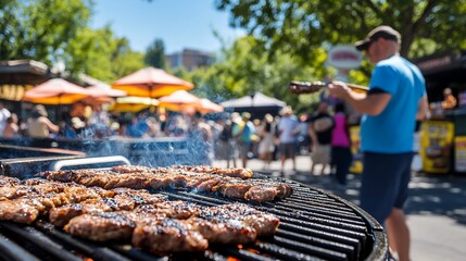 Grilling steaks at outdoor food festival