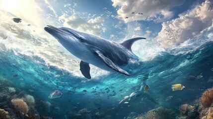 Fototapeta premium A dynamic ocean scene where playful dolphins leap through the waves, schools of fish flash bright colors beneath, and a majestic whale tail rises from the depths, showcasing nature grandeur.