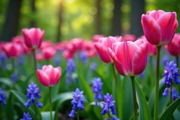 Fototapeta premium Colorful tulip mix with delicate violets in shades of blue-purple amidst lush greenery, blooms, tulip fields