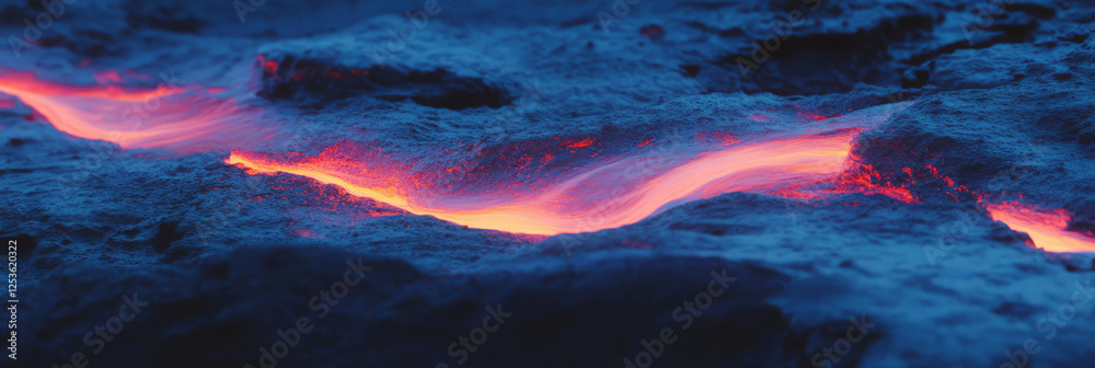 Poster dynamic fire streaks illuminate volcanic rock surface in low light setting