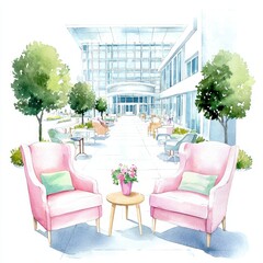 Peaceful Patio Scene Pink Chairs Modern Building Exterior Design
