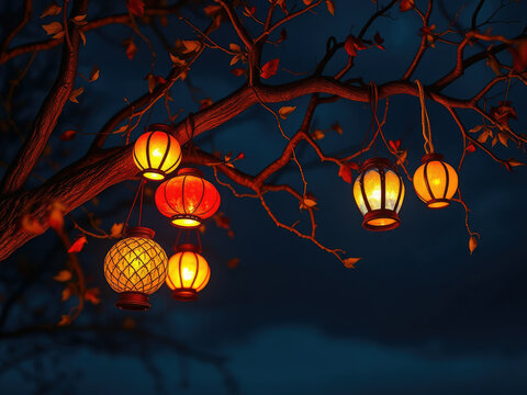 Vintage Halloween lanterns in various colors hung from a tree branch , lanterns, autumnal , tree, theme