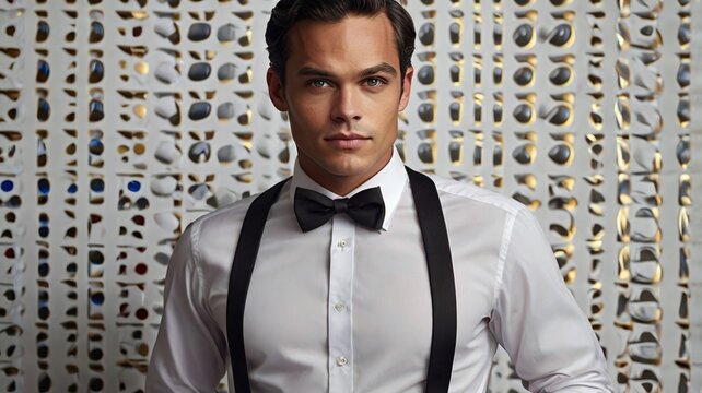 White shirt with double cuffs and black bow tie on dotted background
