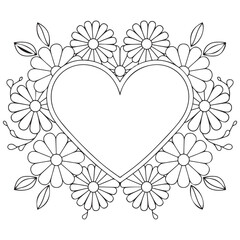 Flowers and heart frame hand drawn for adult coloring book