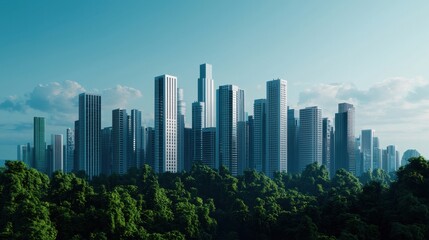 Urban Skyline Surrounded by Lush Green Vegetation and Blue Sky
