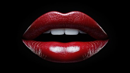 Fototapeta premium Plump female lips with glossy red lipstick are slightly parted to reveal white teeth against a solid black background.