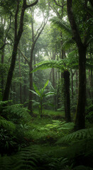 Fototapeta premium Lush Rainforest Canopy: Emerald Green Forest Scene with Vibrant Ferns, Trees, and Tropical Foliage