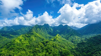 Obraz premium Lush green volcanic mountain ridges rise under a bright blue sky with fluffy white clouds in Hawaii.