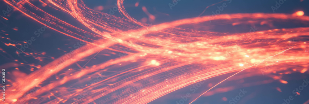 Poster swirling red sparks illuminating a dynamic abstract landscape at dusk
