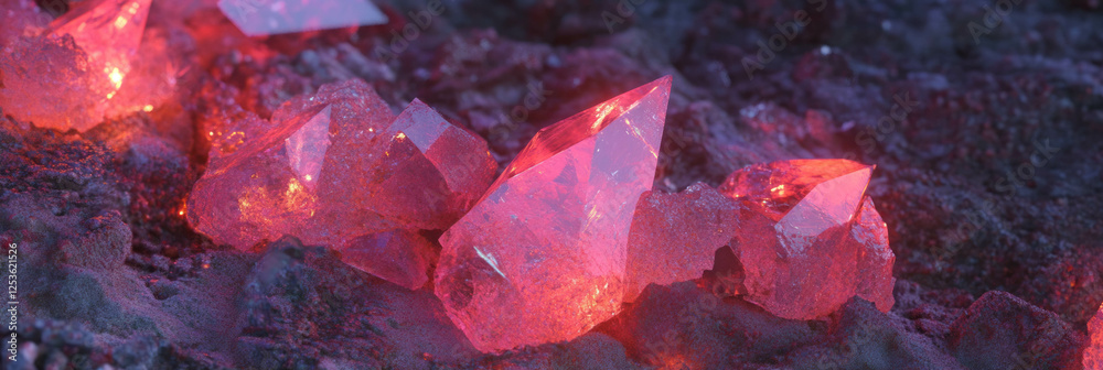 Poster ruby lightings sparkle amidst dark textures, showcasing their vibrant glow and unique shapes