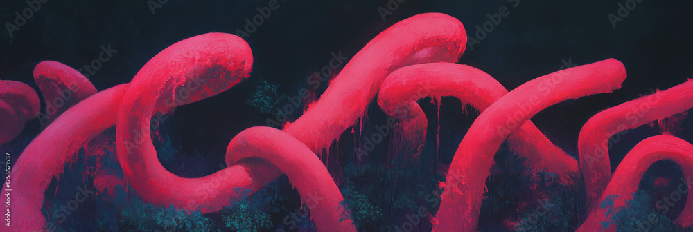 Poster Crimson arcs twist through a dark landscape, creating a mesmerizing visual experience