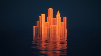 Fototapeta premium Neon City Skyline Reflection in Water with Vibrant Orange Lights