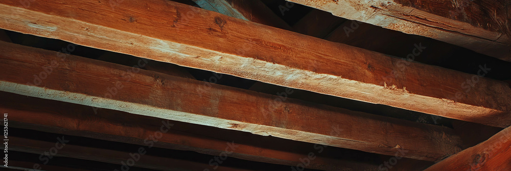 Poster Structural wooden beams showcasing rough textures and supporting framework design