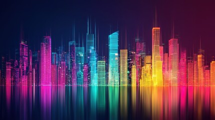 Vibrant City Skyline with Colorful Lights at Night Reflection