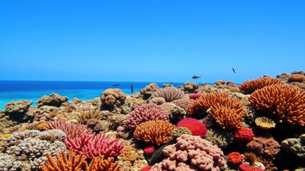 Vibrant coral reef landscape with diverse marine life, set against a clear blue ocean backdrop and a gentle horizon line, turquoise, sea floor, coral reef