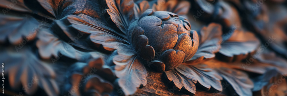 Poster intricate wooden carving showcasing detailed floral patterns and smooth texture in elegant design