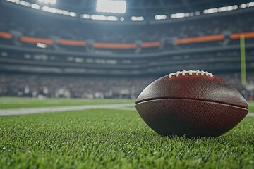 Close-Up of a Football on Grassy Field in a Stadium with Spectators in Background