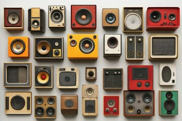 Obraz premium Vintage Audio Equipment Collection Featuring Retro Speakers and Amplifiers in Various Styles