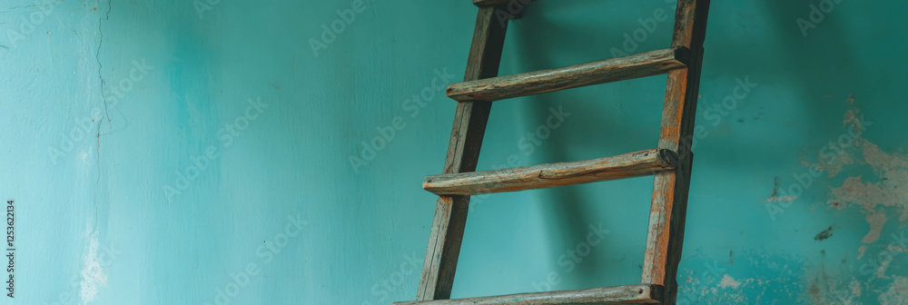 Poster Wooden ladder resting against a textured wall in a rustic background setting