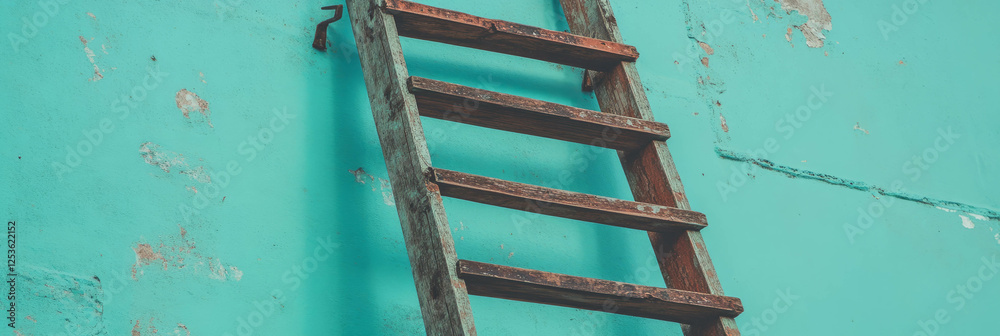 Poster wooden ladder resting against a rustic wall in a vibrant setting