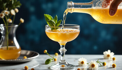 Elegant elderflower cordial pouring into coupe glass, refined celebration
