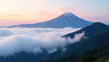 Fototapeta premium Soft pink clouds rise above Alishan mountain peak, sky, misty