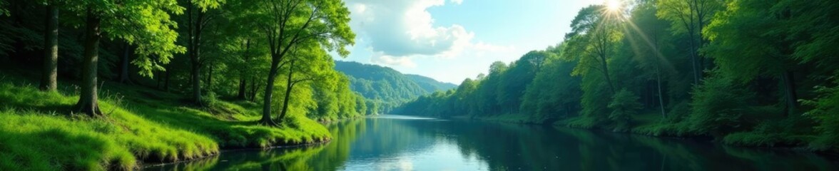 Serene forest with lush greenery by tranquil river banks, blue sky, forest, landscape